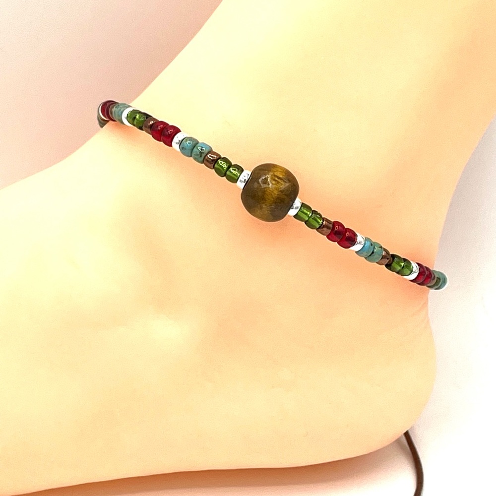 HAND CRAFTED Ankle Bracelet Brown Leather Turquoise Red Green